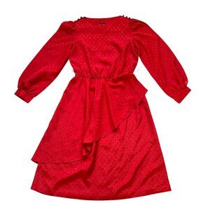 Vintage 1980s dress Jean Leslie red hearts long puff sleeves size 8 midi